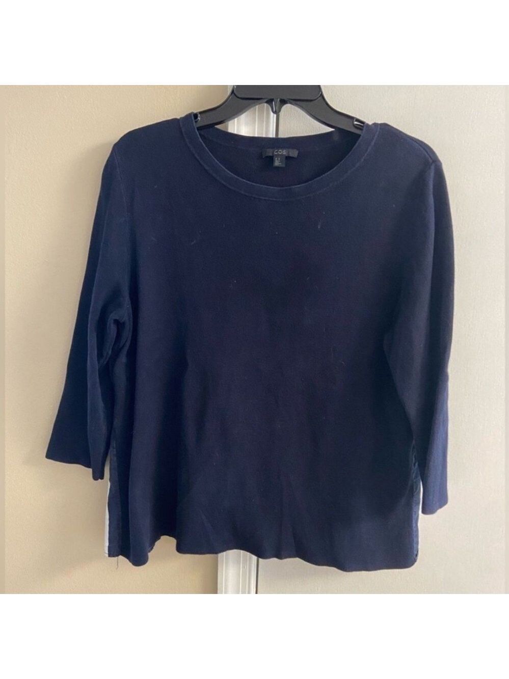 COS Midnight Blue Knit Top cotton ruffled back Medium